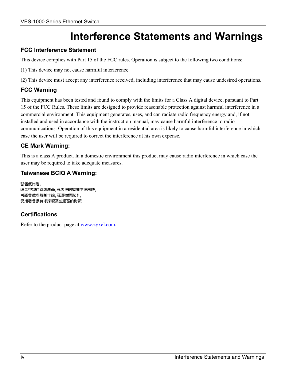 Interference statements and warnings | ZyXEL Communications VES-1000 User Manual | Page 4 / 155