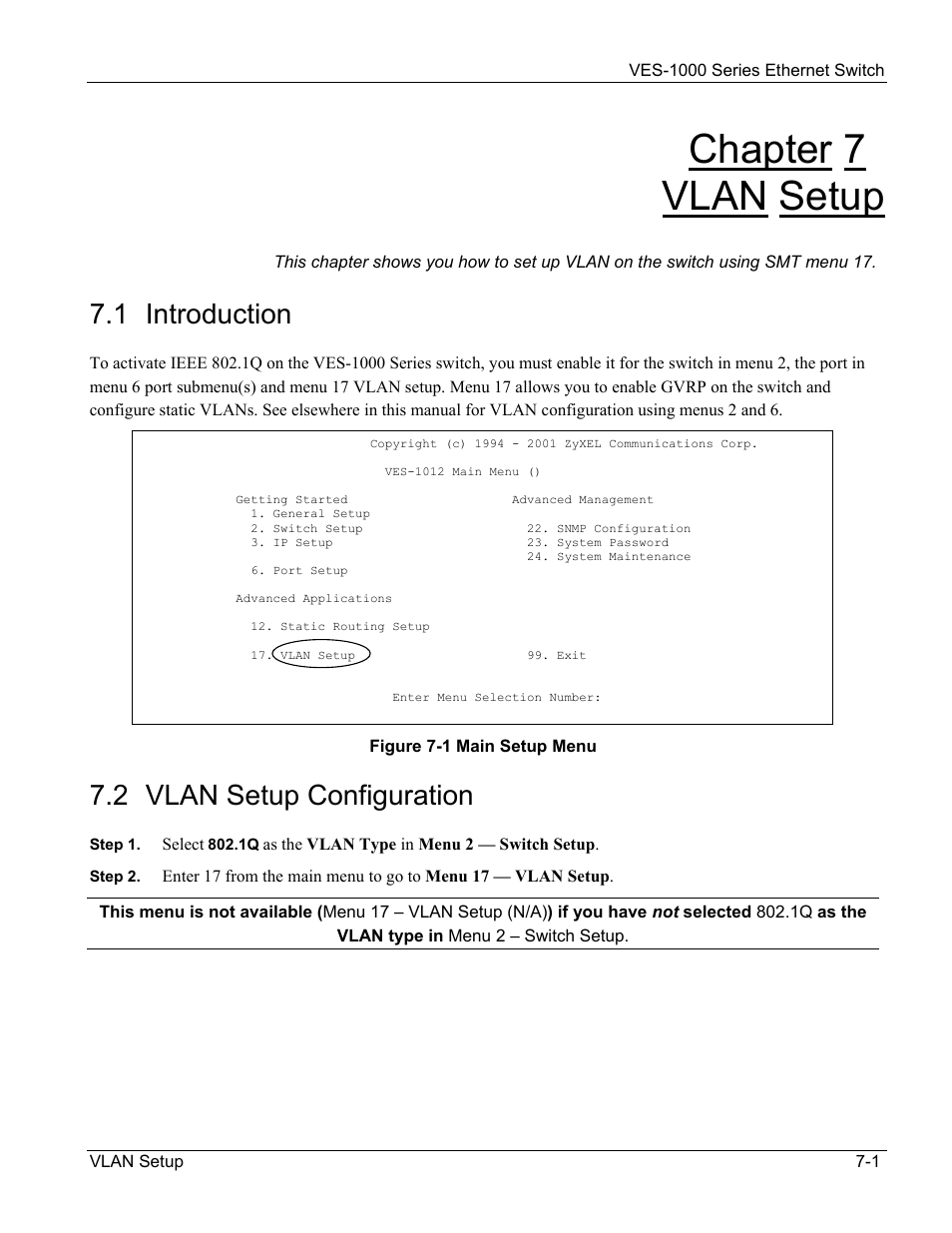 Chapter 7 vlan setup, 1 introduction, 2 vlan setup configuration | ZyXEL Communications VES-1000 User Manual | Page 61 / 155