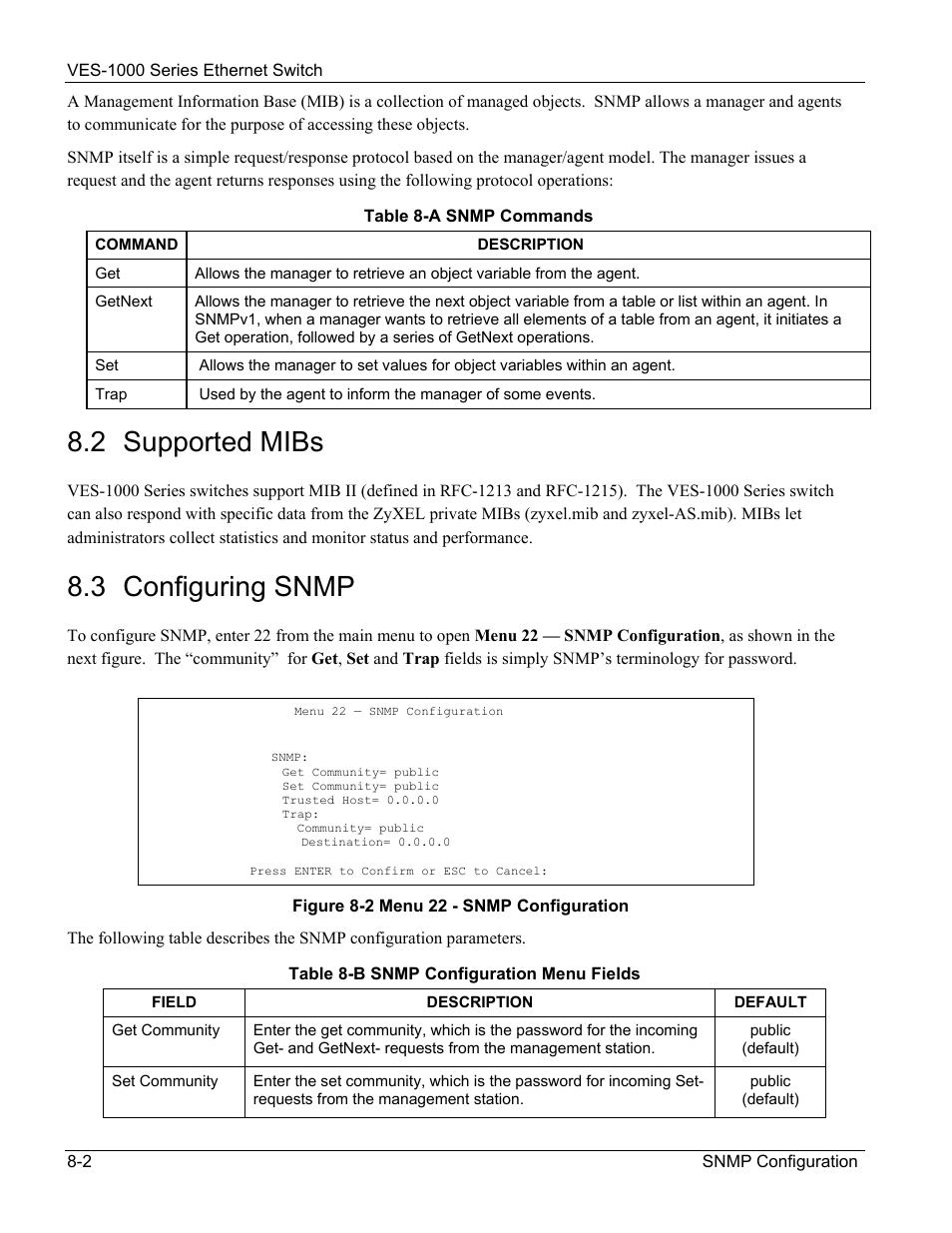 2 supported mibs, 3 configuring snmp | ZyXEL Communications VES-1000 User Manual | Page 66 / 155