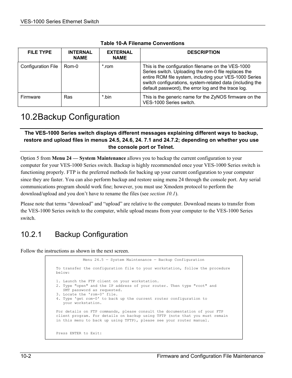 2 backup configuration, 1 backup configuration | ZyXEL Communications VES-1000 User Manual | Page 86 / 155