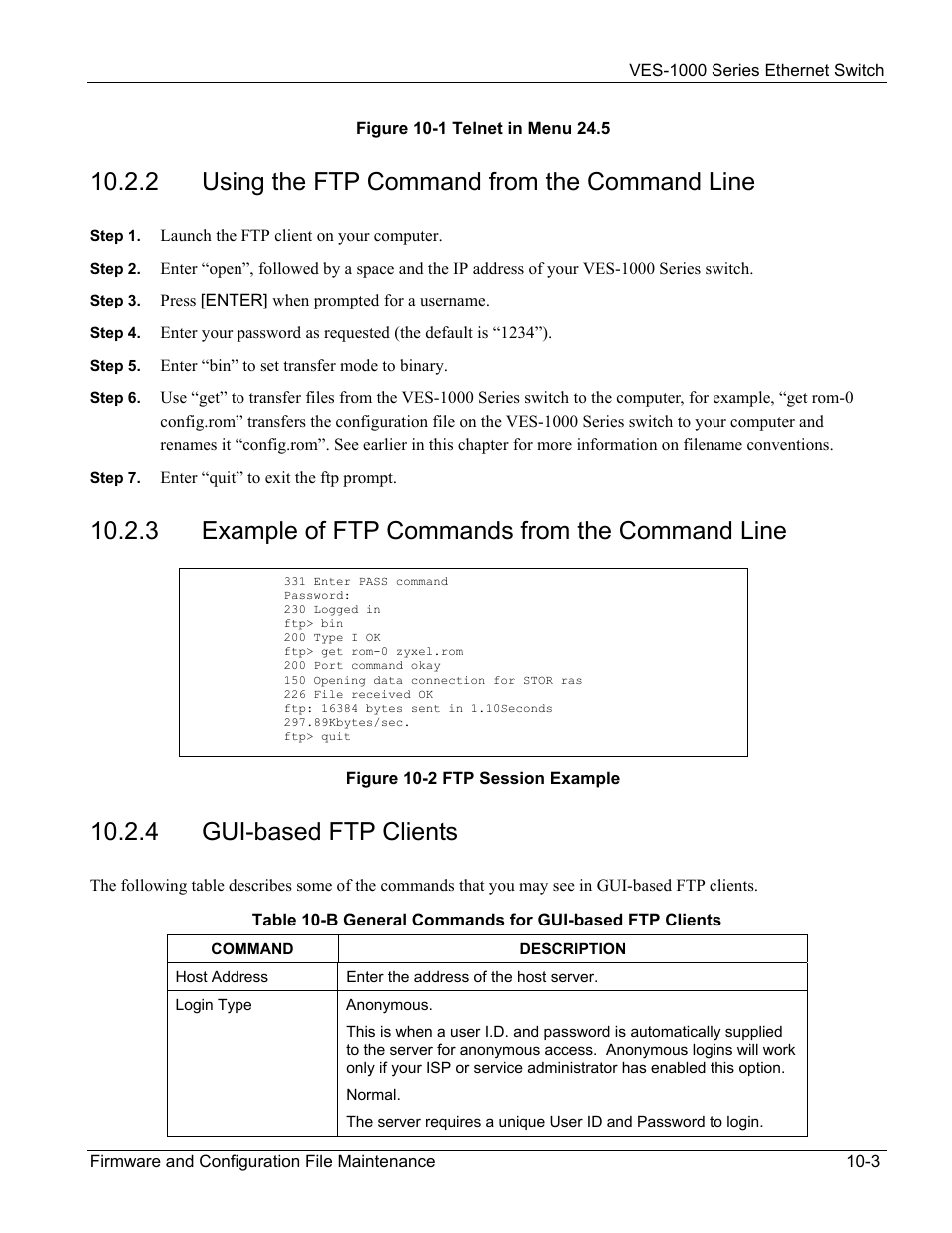 2 using the ftp command from the command line, 3 example of ftp commands from the command line, 4 gui-based ftp clients | ZyXEL Communications VES-1000 User Manual | Page 87 / 155