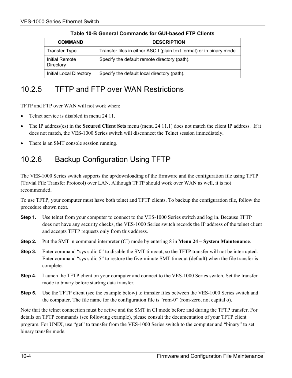 5 tftp and ftp over wan restrictions, 6 backup configuration using tftp | ZyXEL Communications VES-1000 User Manual | Page 88 / 155