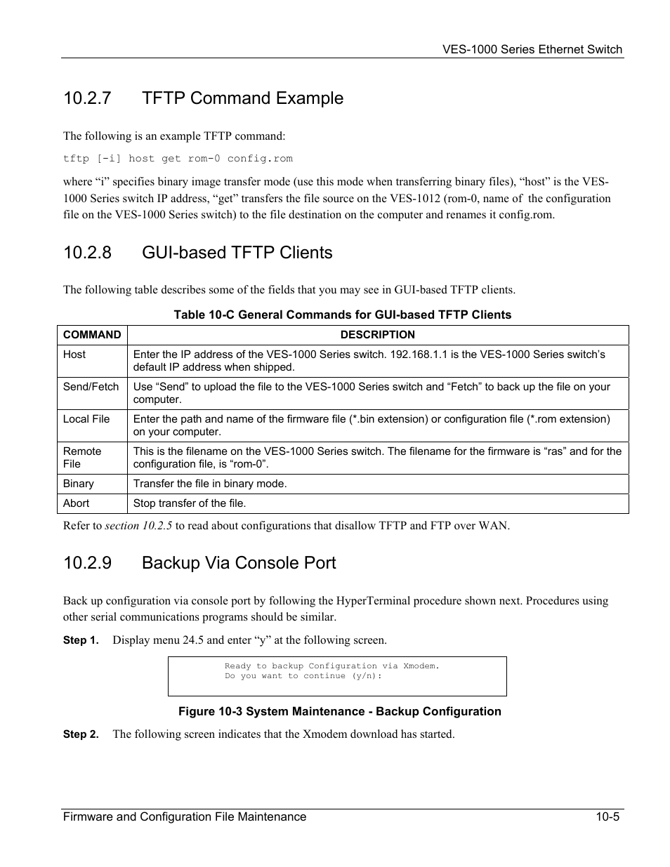 7 tftp command example, 8 gui-based tftp clients, 9 backup via console port | ZyXEL Communications VES-1000 User Manual | Page 89 / 155