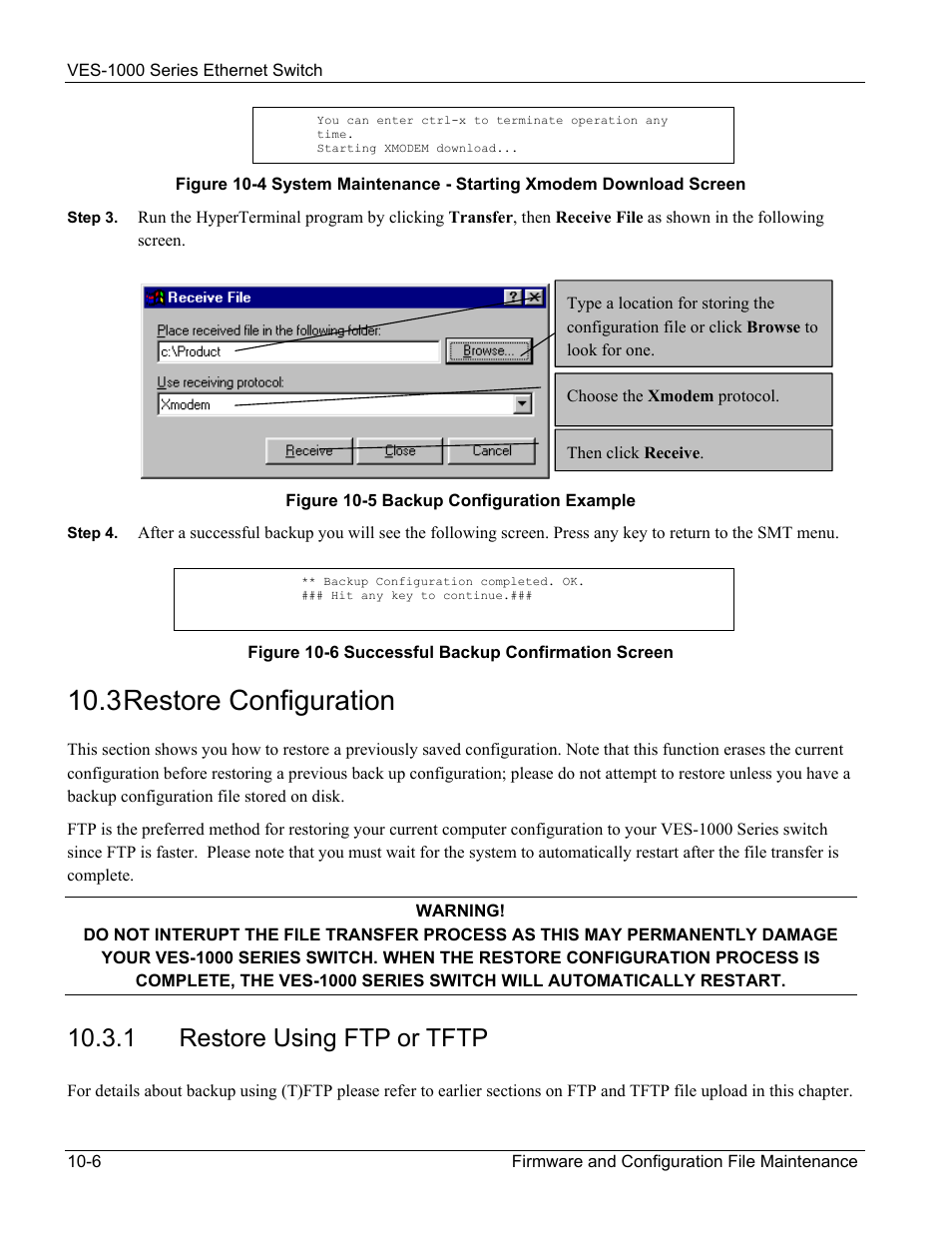 3 restore configuration, 1 restore using ftp or tftp | ZyXEL Communications VES-1000 User Manual | Page 90 / 155
