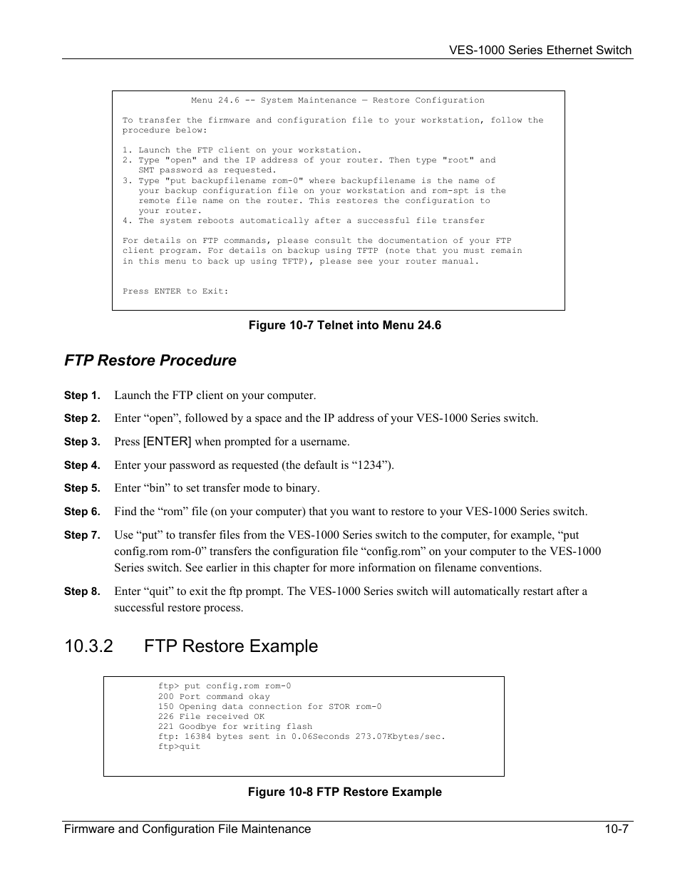 2 ftp restore example, Ftp restore procedure | ZyXEL Communications VES-1000 User Manual | Page 91 / 155