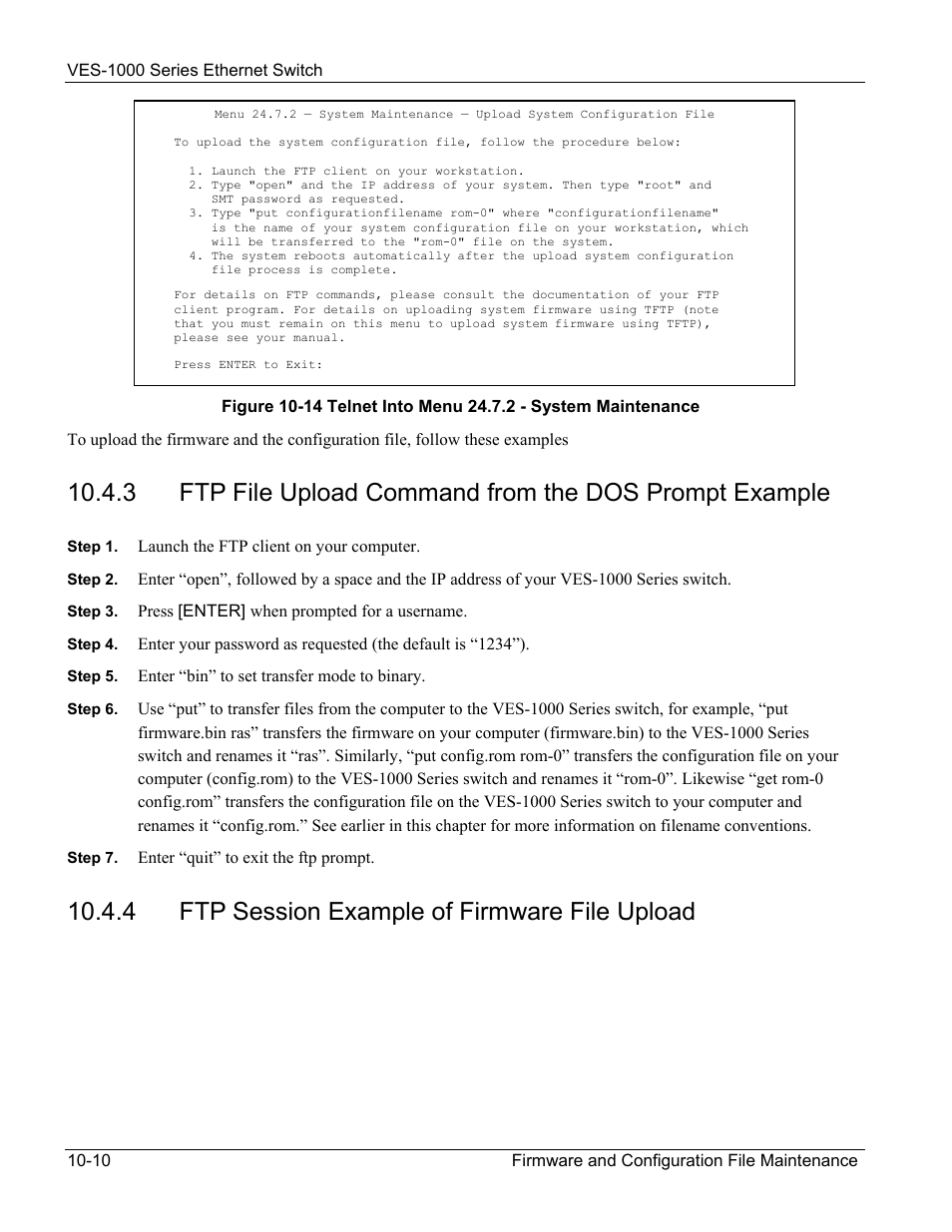 4 ftp session example of firmware file upload | ZyXEL Communications VES-1000 User Manual | Page 94 / 155