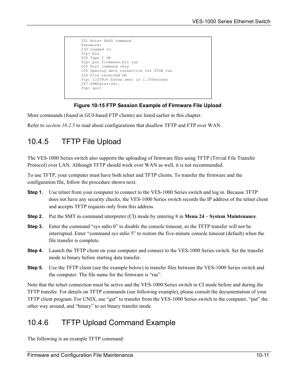 5 tftp file upload, 6 tftp upload command example | ZyXEL Communications VES-1000 User Manual | Page 95 / 155