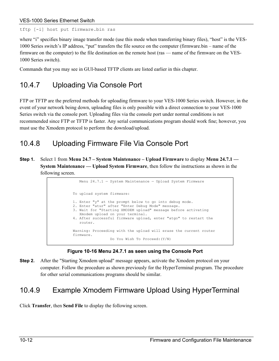 7 uploading via console port, 8 uploading firmware file via console port | ZyXEL Communications VES-1000 User Manual | Page 96 / 155