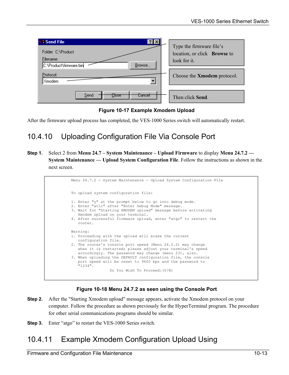 10 uploading configuration file via console port, 11 example xmodem configuration upload using | ZyXEL Communications VES-1000 User Manual | Page 97 / 155