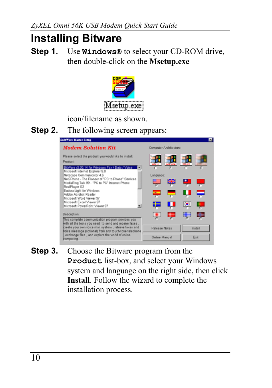 Installing bitware | ZyXEL Communications Network Device 56K User Manual | Page 10 / 10