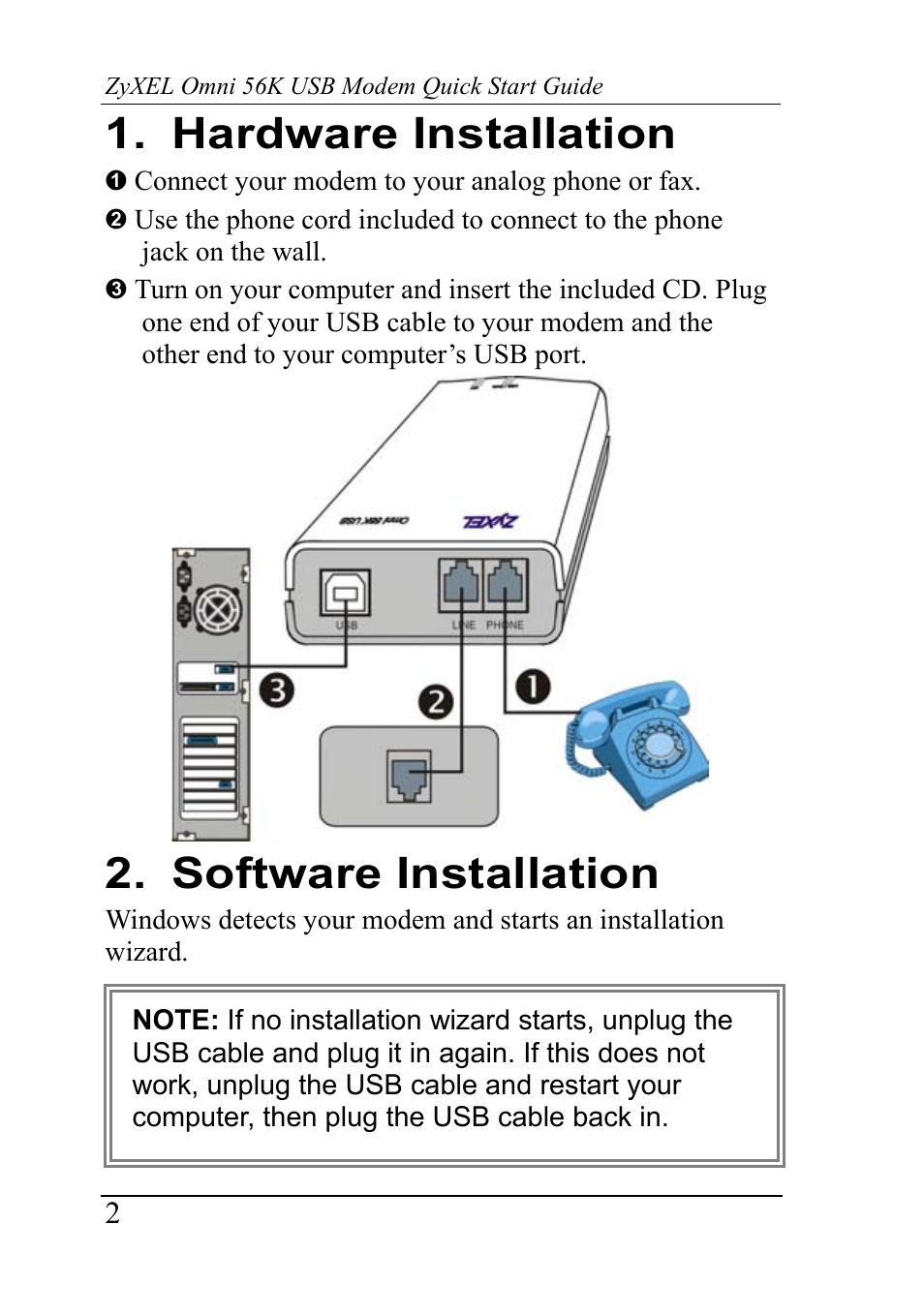 Hardware installation, Software installation | ZyXEL Communications Network Device 56K User Manual | Page 2 / 10