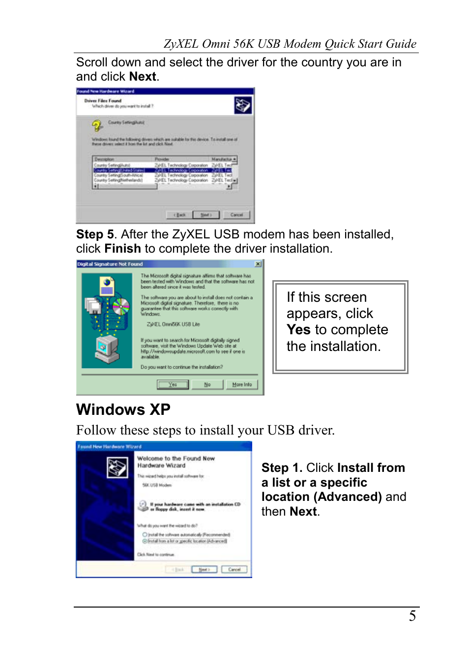 Windows xp | ZyXEL Communications Network Device 56K User Manual | Page 5 / 10