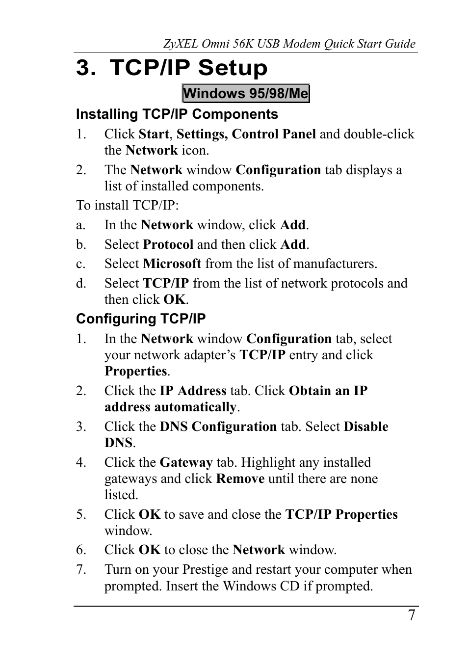 Tcp/ip setup | ZyXEL Communications Network Device 56K User Manual | Page 7 / 10