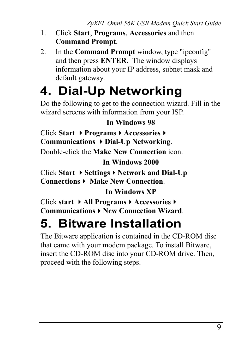 Dial-up networking, Bitware installation | ZyXEL Communications Network Device 56K User Manual | Page 9 / 10