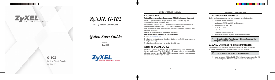 ZyXEL Communications G-102 User Manual | 2 pages