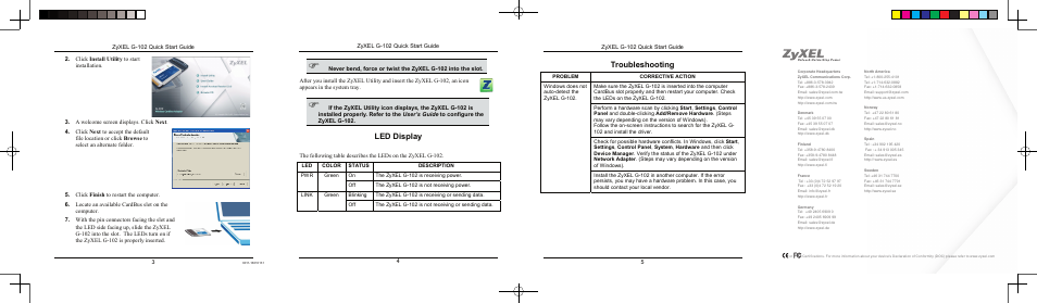 Led display, Troubleshooting | ZyXEL Communications G-102 User Manual | Page 2 / 2