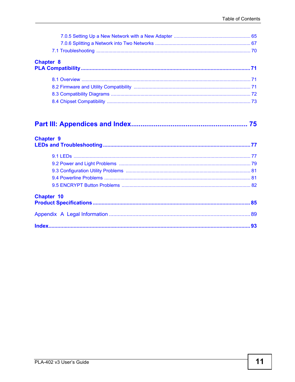 Part iii: appendices and index | ZyXEL Communications PLA-407 User Manual | Page 11 / 94