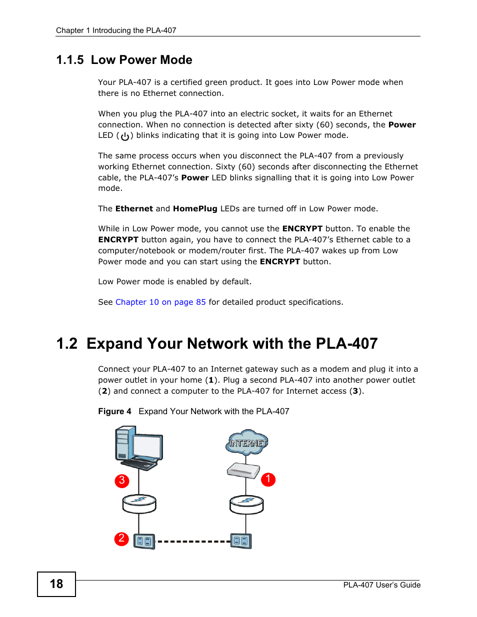 5 low power mode, 2 expand your network with the pla-407 | ZyXEL Communications PLA-407 User Manual | Page 18 / 94