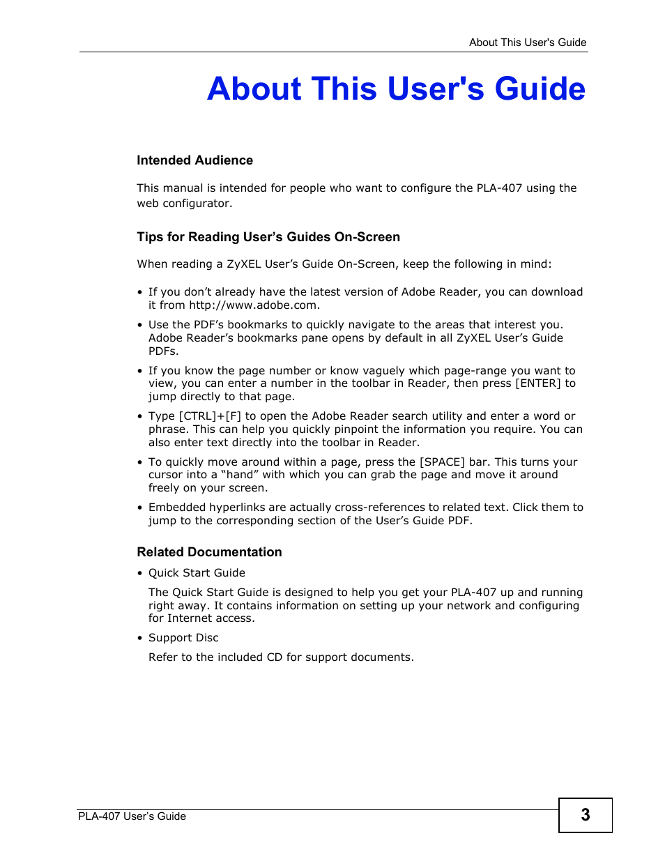 About this user's guide | ZyXEL Communications PLA-407 User Manual | Page 3 / 94