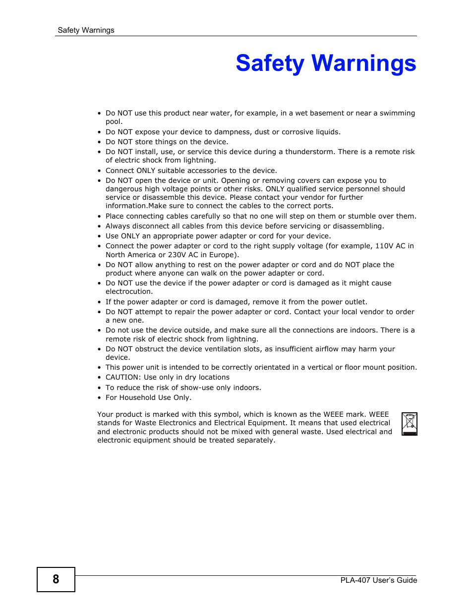 Safety warnings | ZyXEL Communications PLA-407 User Manual | Page 8 / 94