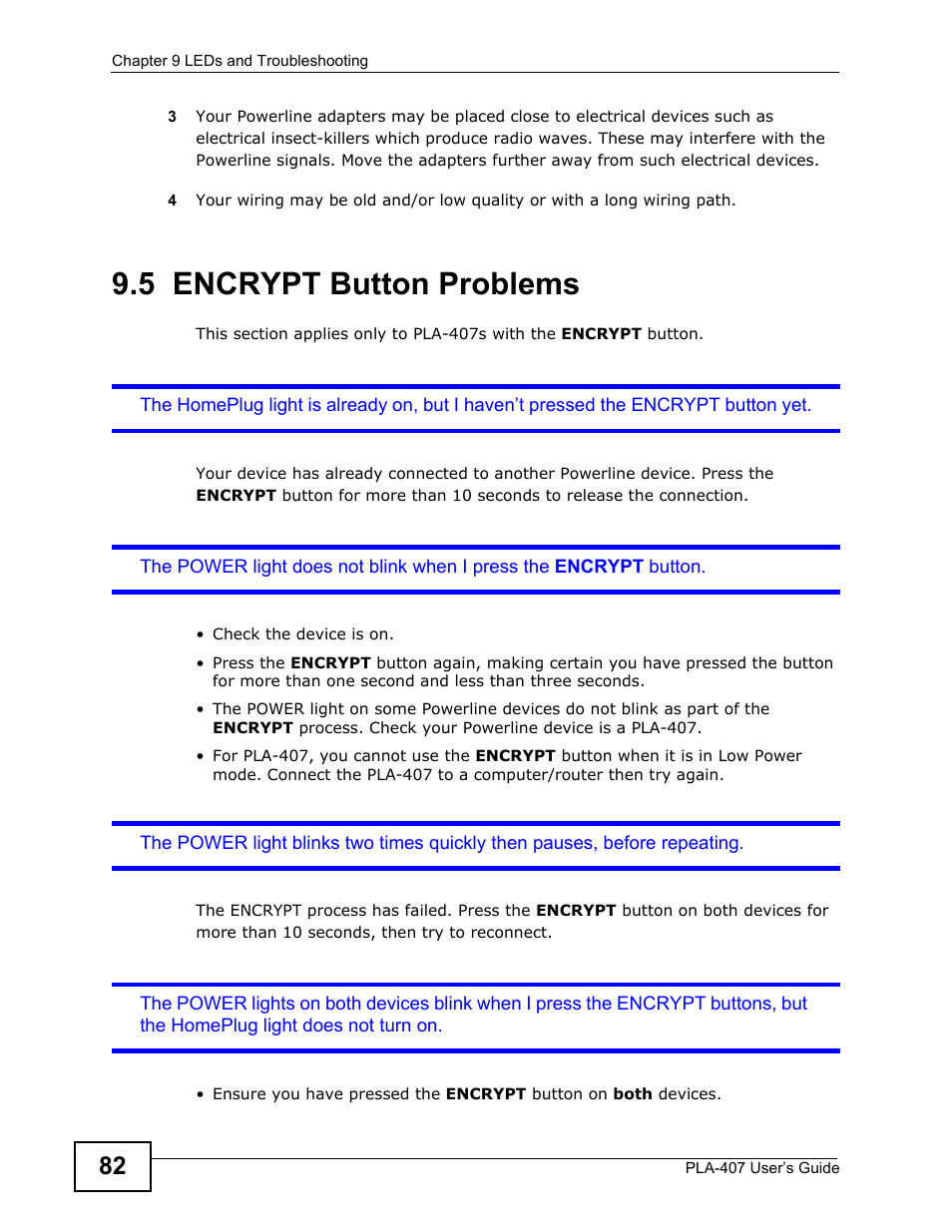 5 encrypt button problems | ZyXEL Communications PLA-407 User Manual | Page 82 / 94