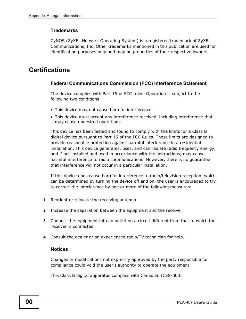 Certifications | ZyXEL Communications PLA-407 User Manual | Page 90 / 94