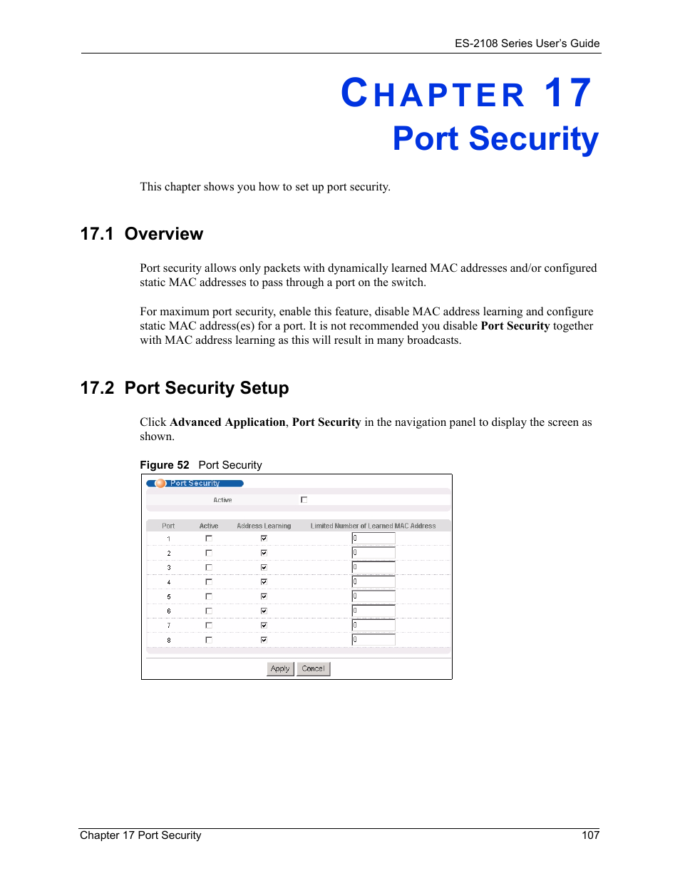 Port security, 1 overview, 2 port security setup | Chapter 17 port security, 1 overview 17.2 port security setup, Figure 52 port security | ZyXEL Communications ES-2108 User Manual | Page 107 / 224