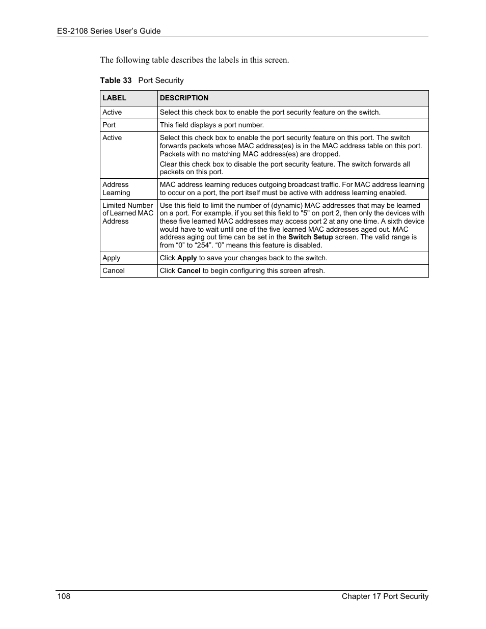 Table 33 port security | ZyXEL Communications ES-2108 User Manual | Page 108 / 224
