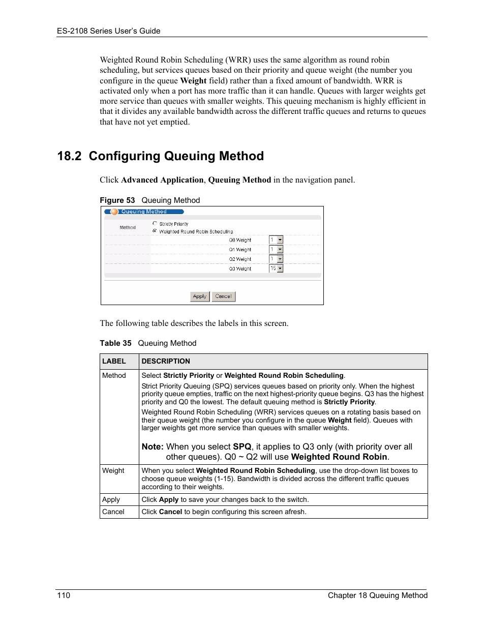 2 configuring queuing method, Figure 53 queuing method, Table 35 queuing method | ZyXEL Communications ES-2108 User Manual | Page 110 / 224