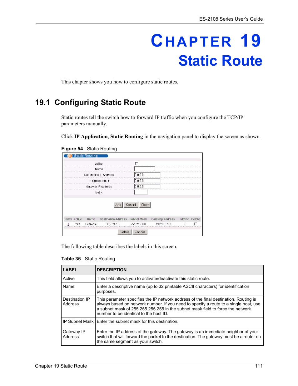 Static route, 1 configuring static route, Chapter 19 static route | Figure 54 static routing, Table 36 static routing | ZyXEL Communications ES-2108 User Manual | Page 111 / 224