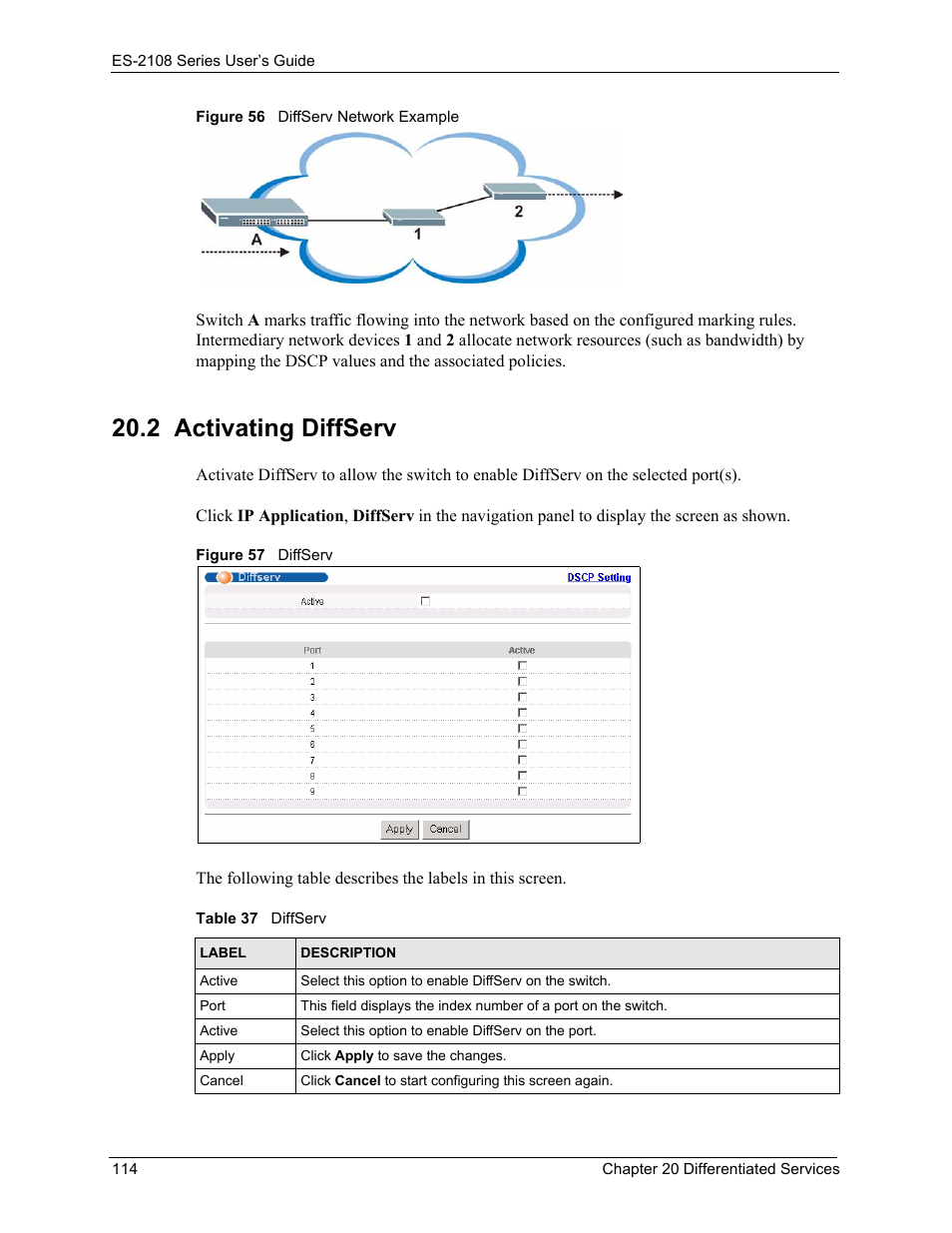 2 activating diffserv, Table 37 diffserv | ZyXEL Communications ES-2108 User Manual | Page 114 / 224