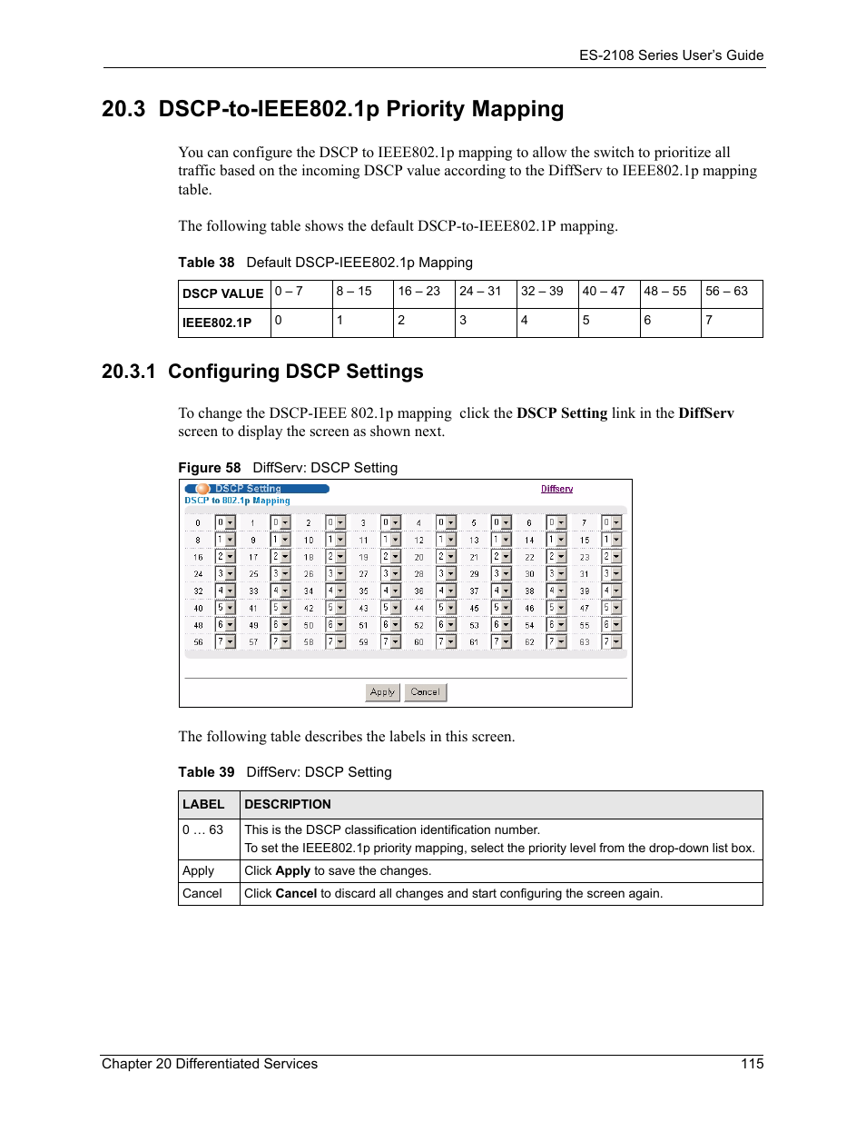 3 dscp-to-ieee802.1p priority mapping, 1 configuring dscp settings, Figure 58 diffserv: dscp setting | Table 38 default dscp-ieee802.1p mapping, Table 39 diffserv: dscp setting | ZyXEL Communications ES-2108 User Manual | Page 115 / 224