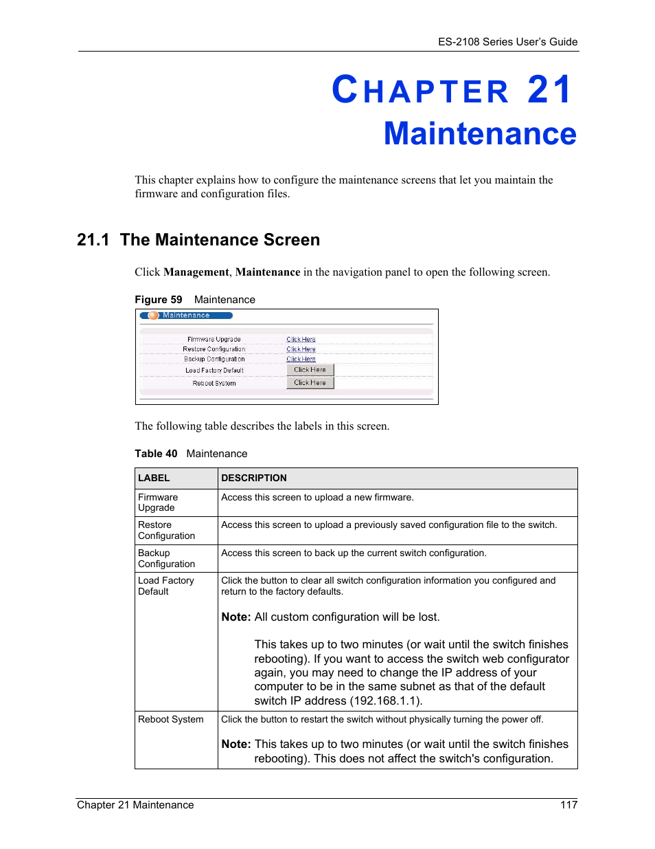 Maintenance, 1 the maintenance screen, Chapter 21 maintenance | Figure 59 maintenance, Table 40 maintenance | ZyXEL Communications ES-2108 User Manual | Page 117 / 224