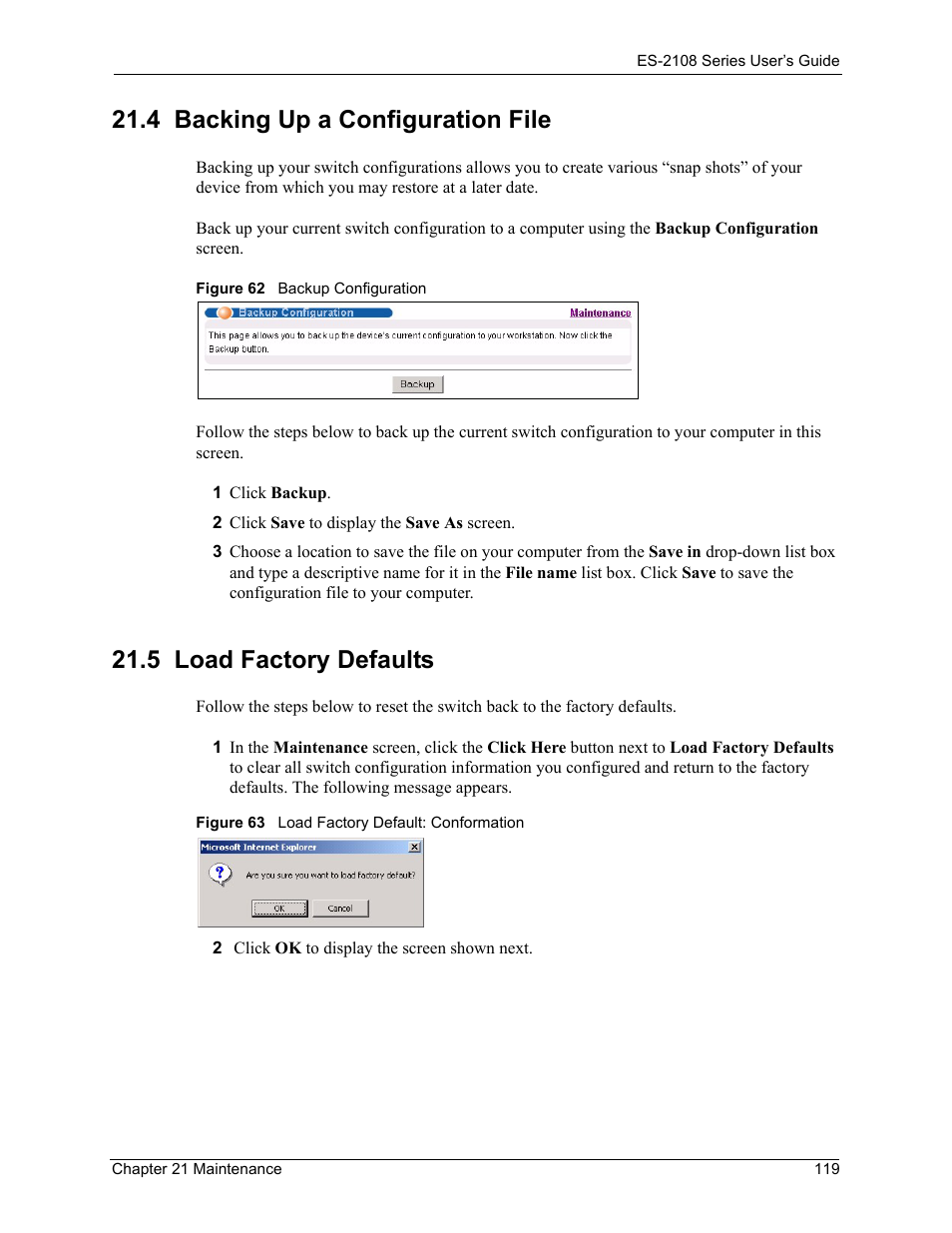 4 backing up a configuration file, 5 load factory defaults | ZyXEL Communications ES-2108 User Manual | Page 119 / 224