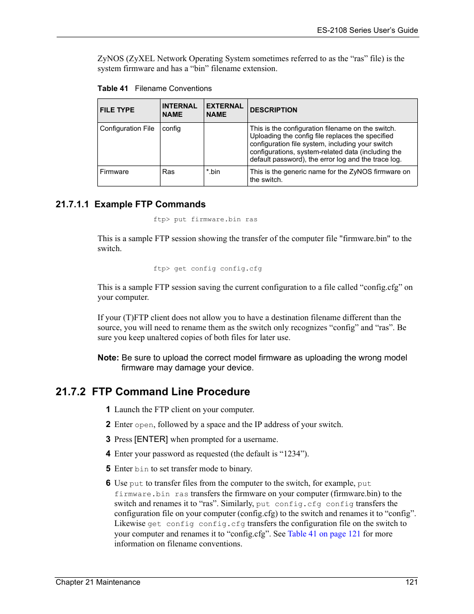 1 example ftp commands, 2 ftp command line procedure, Table 41 filename conventions | ZyXEL Communications ES-2108 User Manual | Page 121 / 224