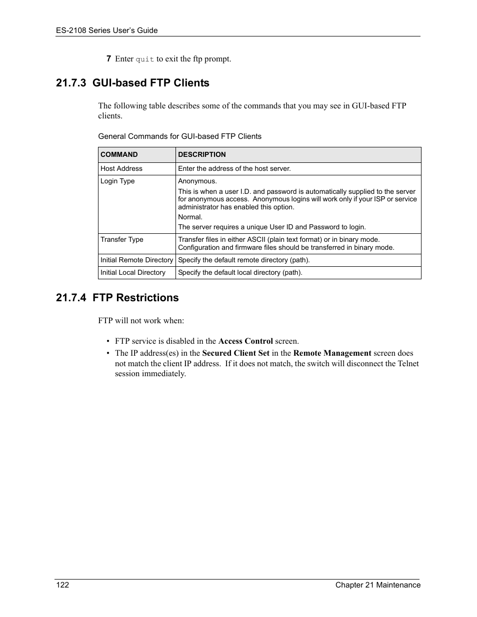 3 gui-based ftp clients, 4 ftp restrictions, 3 gui-based ftp clients 21.7.4 ftp restrictions | ZyXEL Communications ES-2108 User Manual | Page 122 / 224