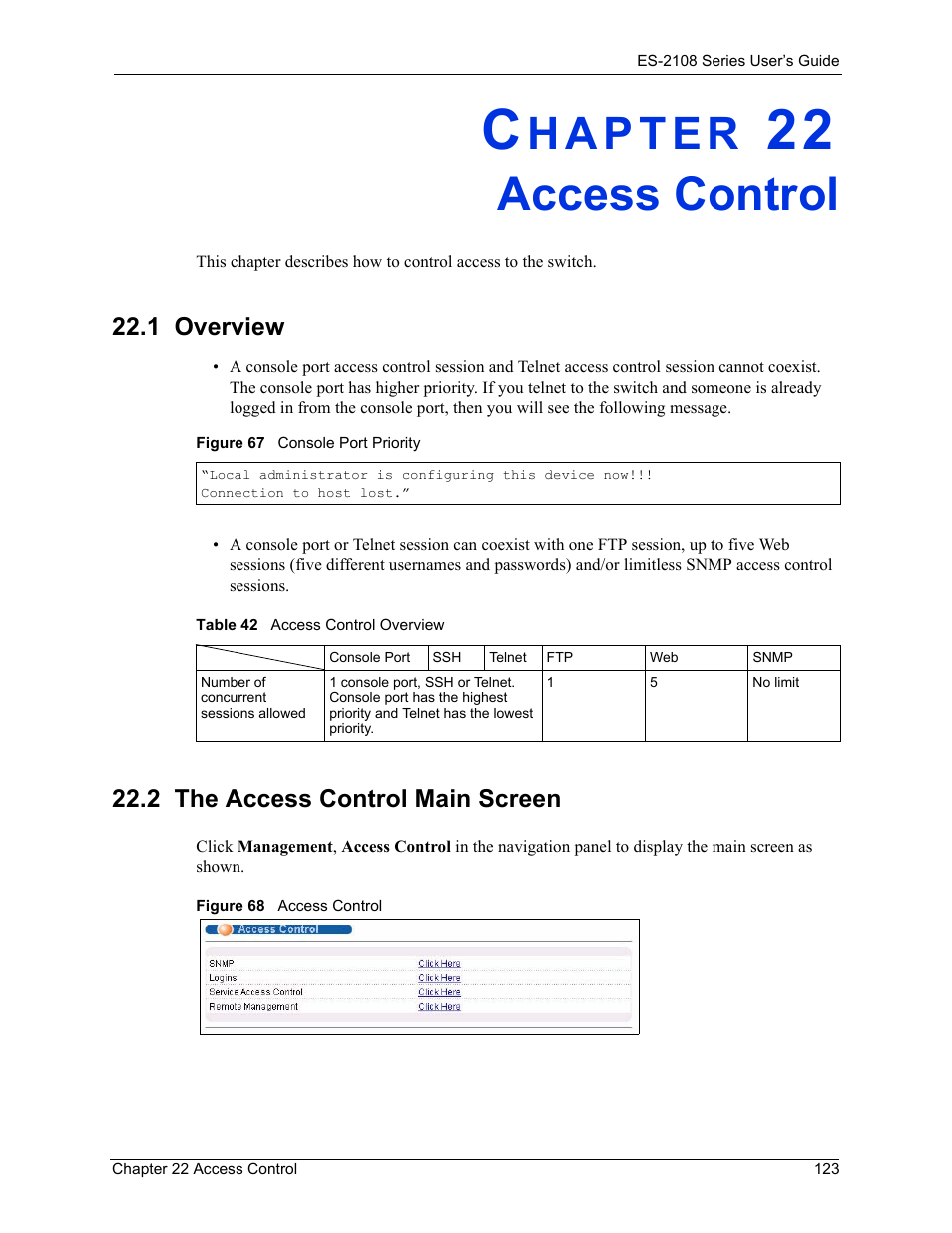 Access control, 1 overview, 2 the access control main screen | Chapter 22 access control, 1 overview 22.2 the access control main screen, Table 42 access control overview | ZyXEL Communications ES-2108 User Manual | Page 123 / 224