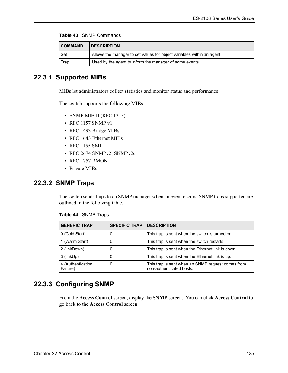 1 supported mibs, 2 snmp traps, 3 configuring snmp | Table 44 snmp traps | ZyXEL Communications ES-2108 User Manual | Page 125 / 224