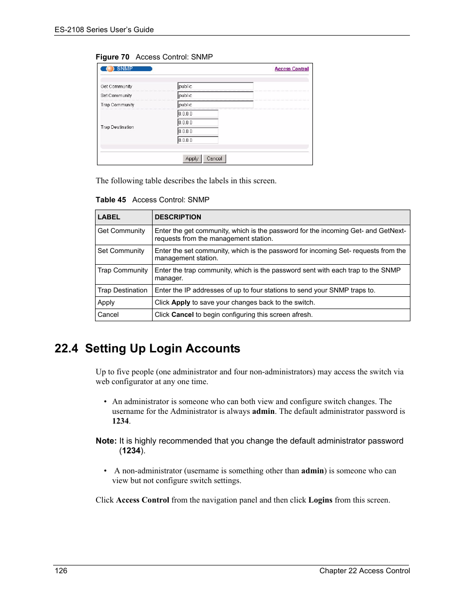 4 setting up login accounts, Figure 70 access control: snmp, Table 45 access control: snmp | ZyXEL Communications ES-2108 User Manual | Page 126 / 224