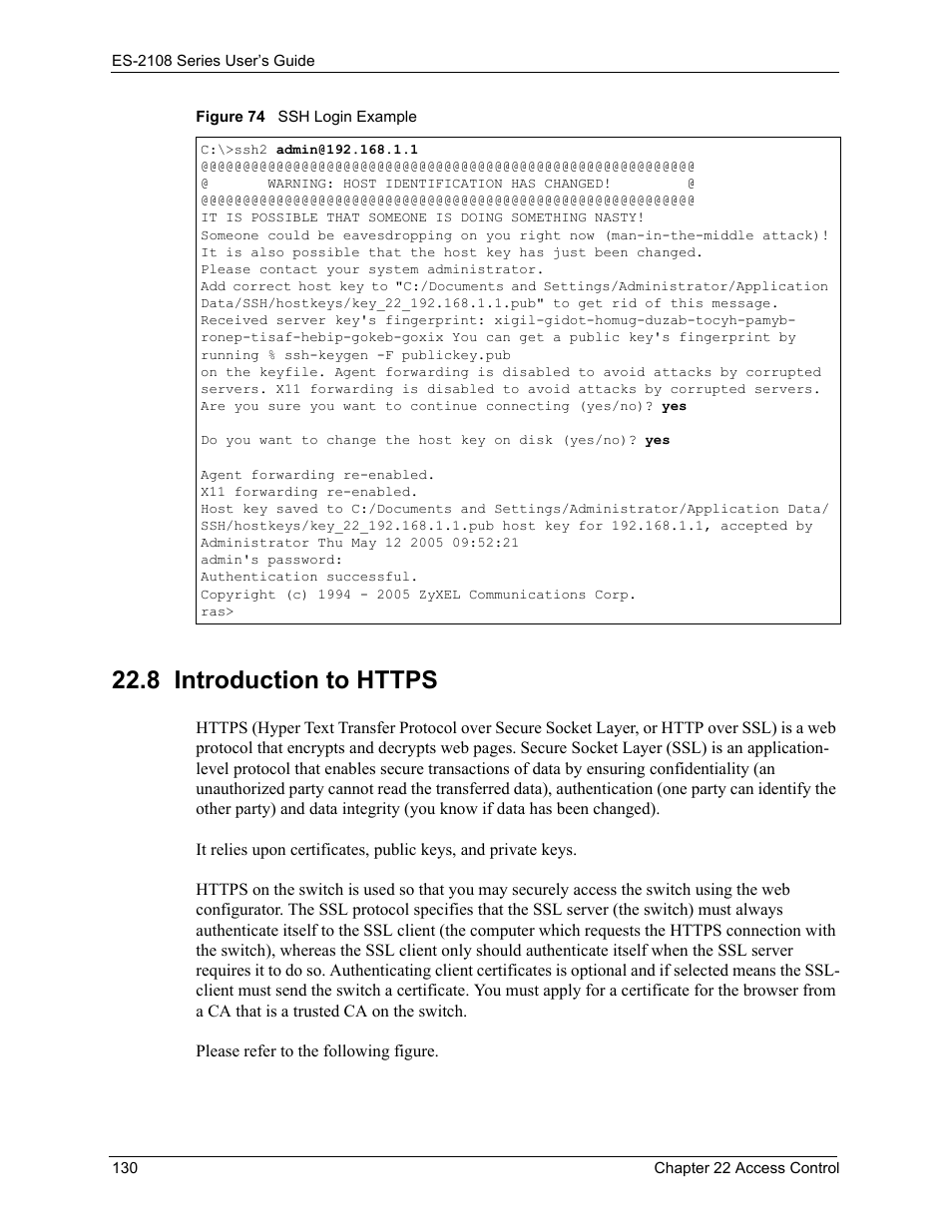 8 introduction to https, Figure 74 ssh login example | ZyXEL Communications ES-2108 User Manual | Page 130 / 224