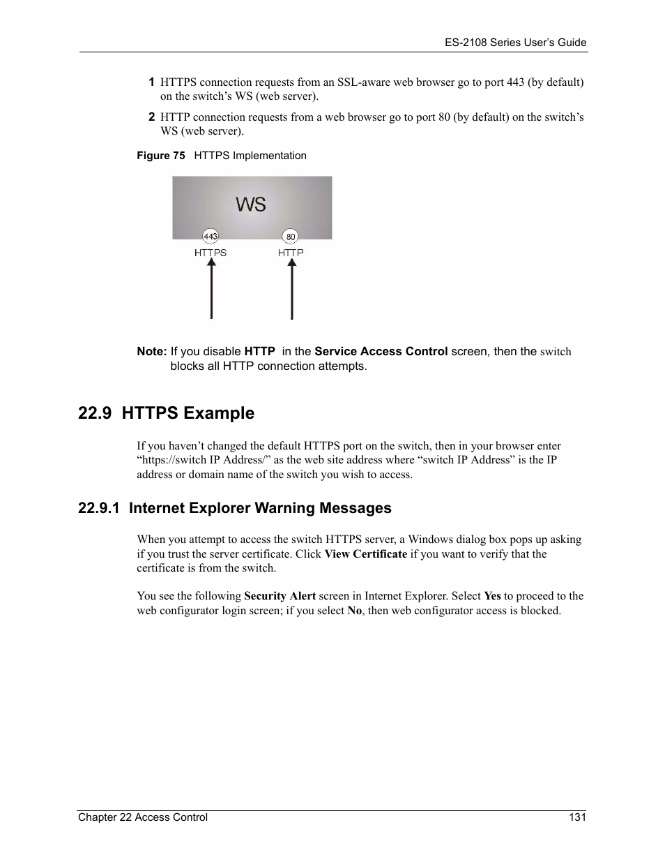 9 https example, 1 internet explorer warning messages, Figure 75 https implementation | ZyXEL Communications ES-2108 User Manual | Page 131 / 224