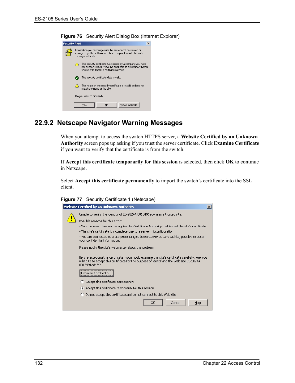 2 netscape navigator warning messages | ZyXEL Communications ES-2108 User Manual | Page 132 / 224