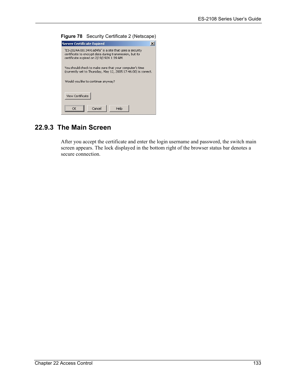3 the main screen, Figure 78 security certificate 2 (netscape) | ZyXEL Communications ES-2108 User Manual | Page 133 / 224
