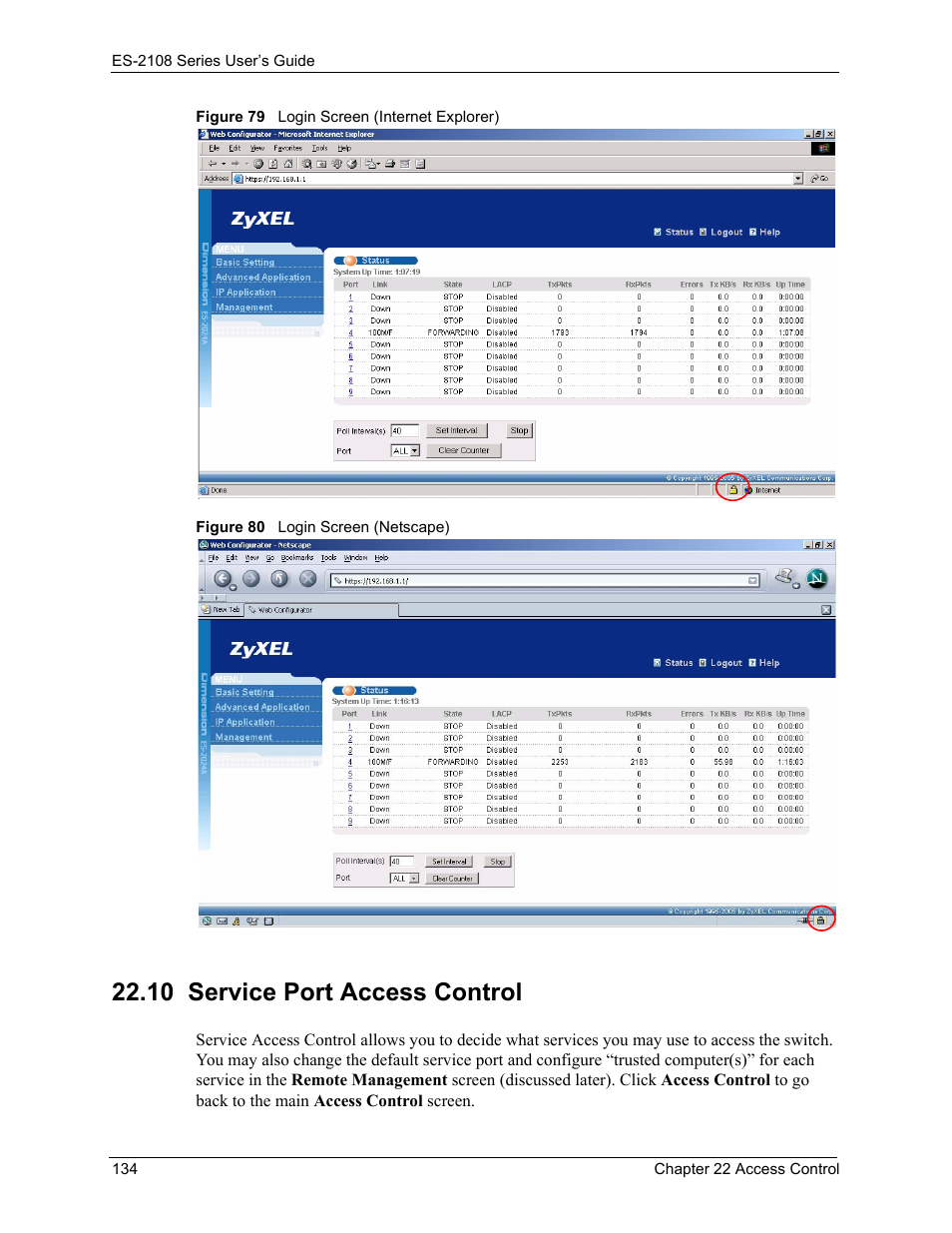 10 service port access control | ZyXEL Communications ES-2108 User Manual | Page 134 / 224