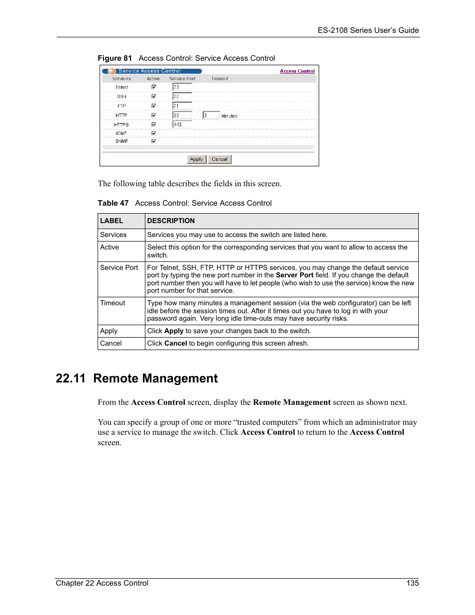 11 remote management, Figure 81 access control: service access control, Table 47 access control: service access control | ZyXEL Communications ES-2108 User Manual | Page 135 / 224