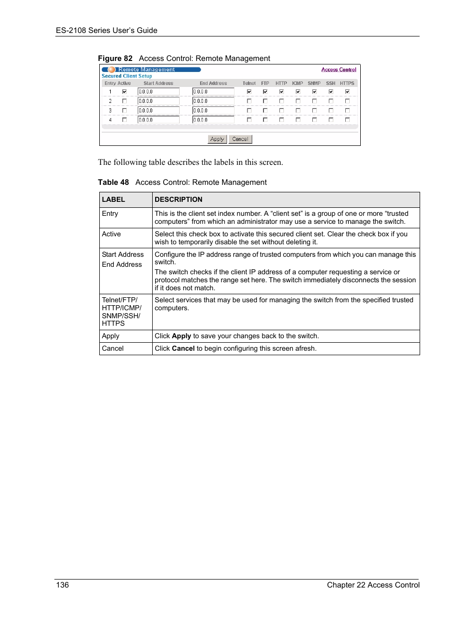 Figure 82 access control: remote management, Table 48 access control: remote management | ZyXEL Communications ES-2108 User Manual | Page 136 / 224