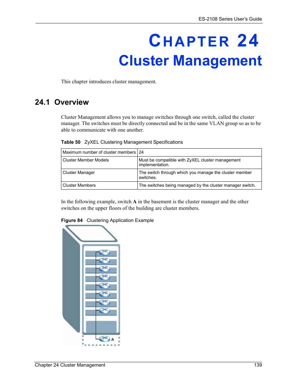 Cluster management, 1 overview, Chapter 24 cluster management | Figure 84 clustering application example | ZyXEL Communications ES-2108 User Manual | Page 139 / 224