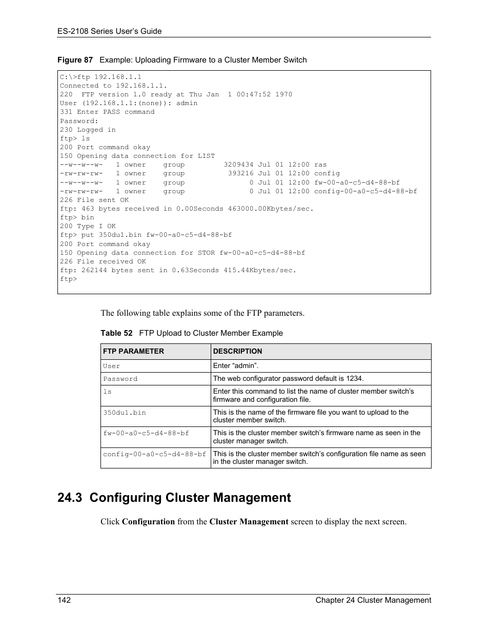 3 configuring cluster management, Table 52 ftp upload to cluster member example | ZyXEL Communications ES-2108 User Manual | Page 142 / 224