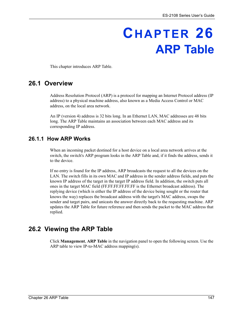 Arp table, 1 overview, 1 how arp works | 2 viewing the arp table, Chapter 26 arp table | ZyXEL Communications ES-2108 User Manual | Page 147 / 224