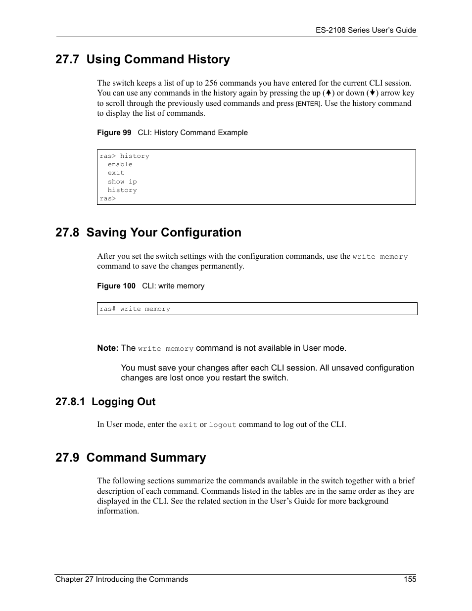 7 using command history, 8 saving your configuration, 1 logging out | 9 command summary | ZyXEL Communications ES-2108 User Manual | Page 155 / 224